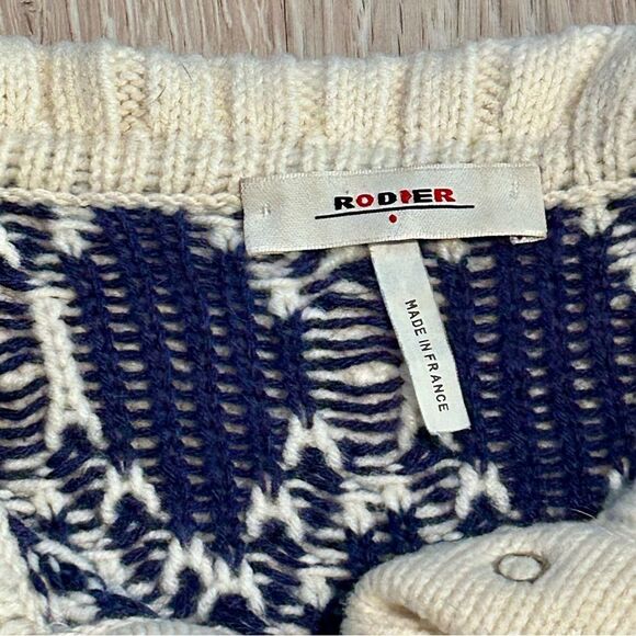 Rodier France Wool Cardigan Ivory Navy Diamond Pattern Sweater Collar Vintage L - Picture 10 of 12